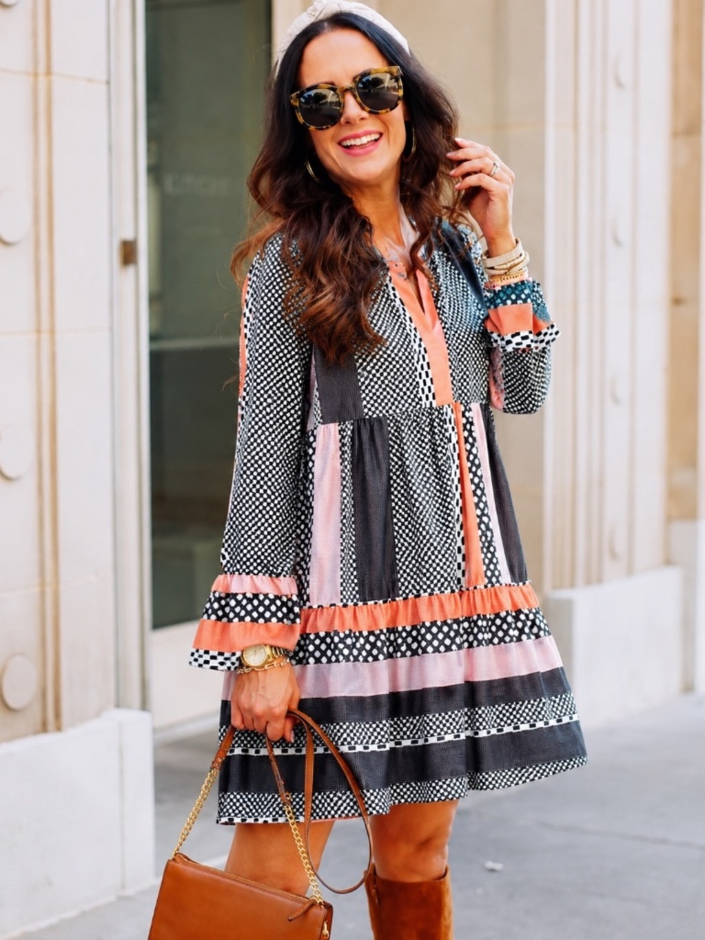 Boutique Mixed Print Babydoll Dress Bell Sleeve Boho Tunic